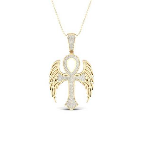 10K Yellow Gold 0.60 Cttw Diamond Ankh Pendant with Wings