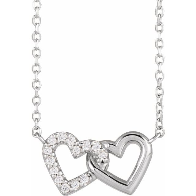 14K Yellow Gold Or Sterling Silver Round 1Mm I1, G-H 16-18 In Polished .05 Ctw Natural Diamond Petite Double Interlocking Heart Necklace