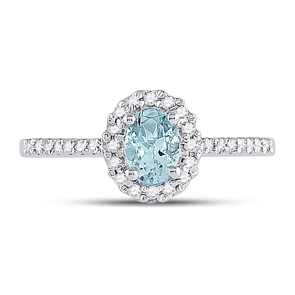 10K White Gold Womens Oval Aquamarine Diamond-accent Solitaire Ring 1/5 Cttw, Womens Size: 5-10
