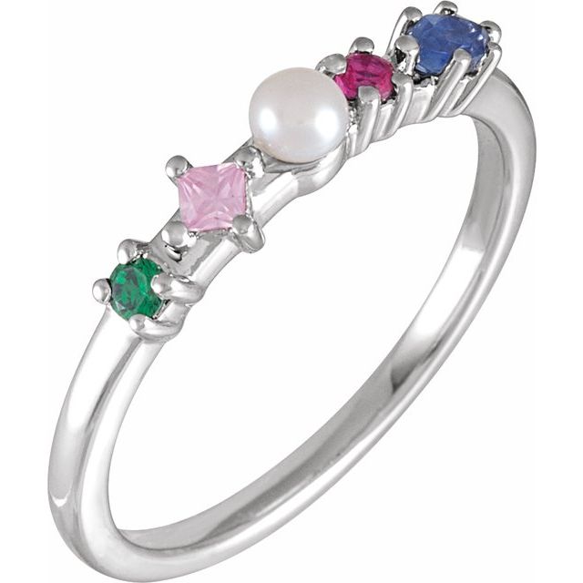 14K Yellow Or White Gold 3 Mm Polished Cultured White Freshwater Pearl And Natural Multi-Gemstone Ring, Size 7