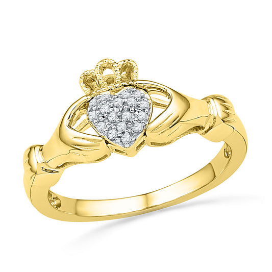 10K Yellow Gold Womens Round Diamond Claddagh Hands & Heart Cluster Ring 1/20 Cttw, Womens Size: 5-10