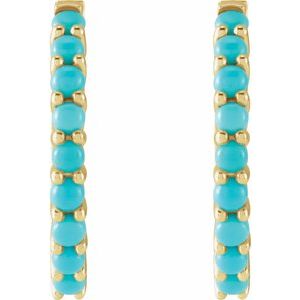 14K Yellow Gold Pair Round Shape 2 Mm Natural Turquoise Cabochon Hinged Hoop Earrings, Length: 20 Mm, Thickness: 2.32 Mm