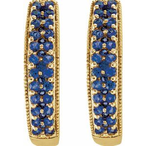 14K Yellow Gold Pair Round Shape Natural Blue Sapphire Hinged Hoop Earrings, Length: 18.5 Mm, Thickness: 4.6 Mm
