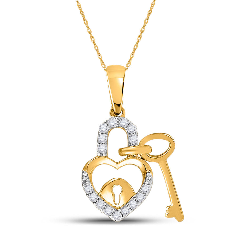 10K Yellow Or White Gold Womens Round Diamond Heart Lock Key Dangle Pendant 1/10 Cttw, Width: 0.31 In