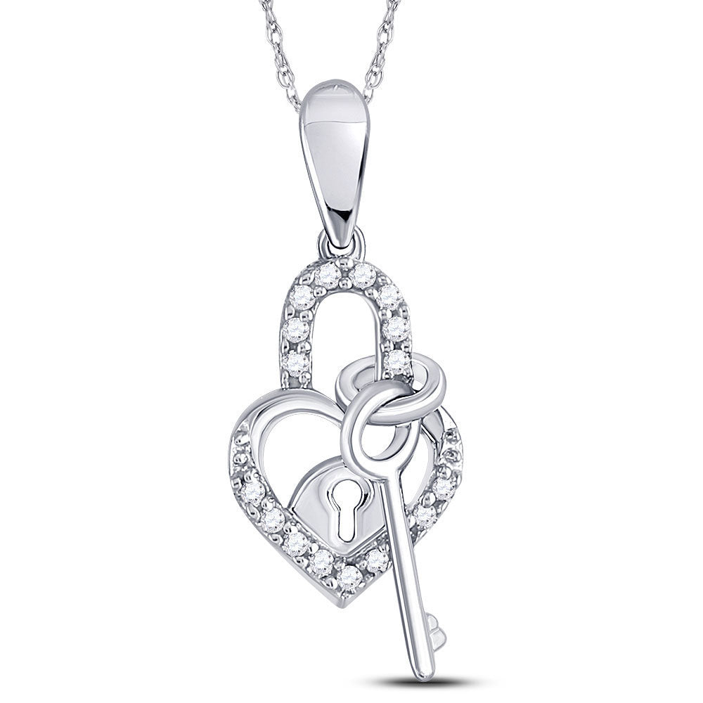 10K Yellow Or White Gold Womens Round Diamond Heart Lock Key Dangle Pendant 1/10 Cttw, Width: 0.31 In