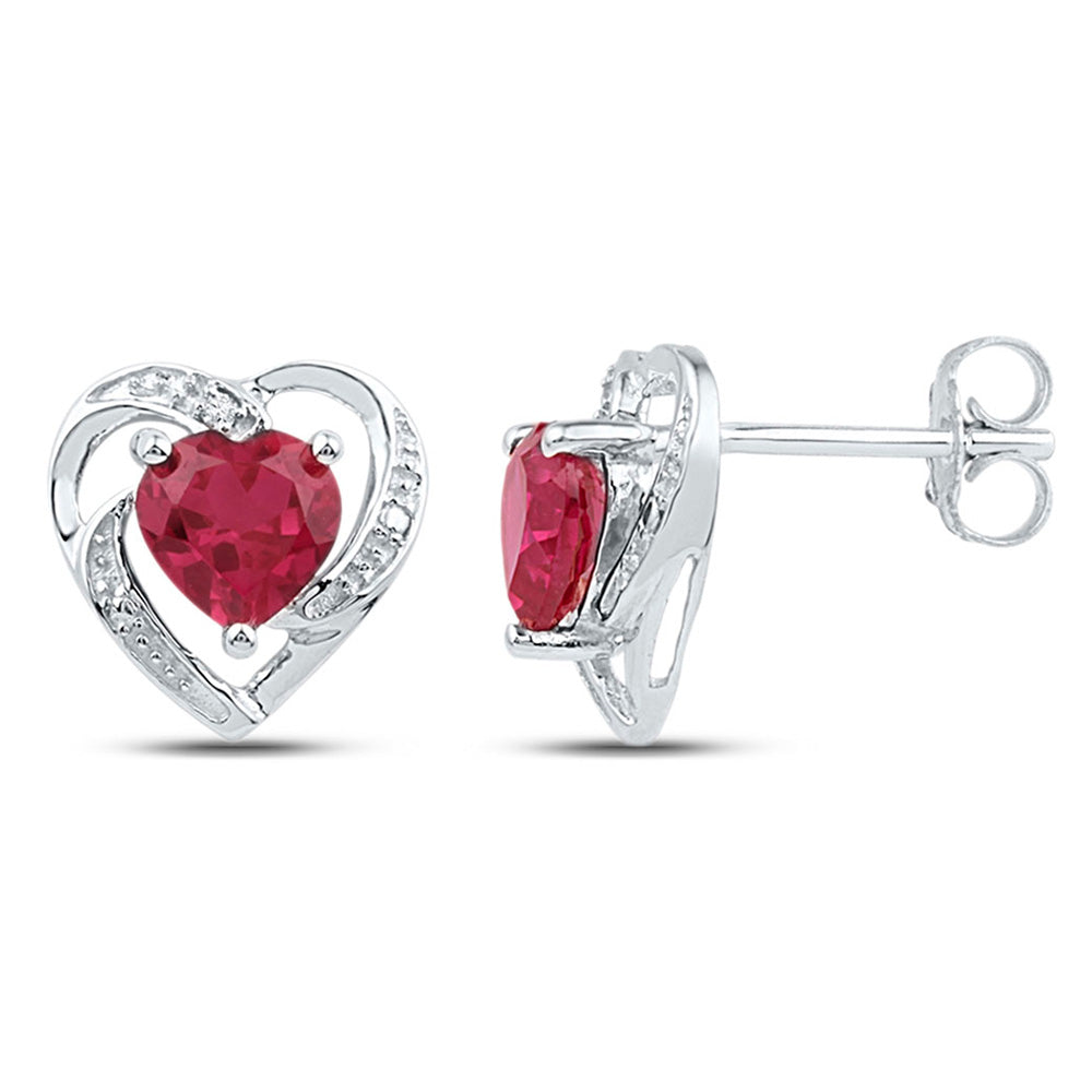 10K White Gold Womens Round Synthetic Ruby Diamond Heart Earrings 3/8 Cttw, Length: 0.4 In, Width: 0.41 In