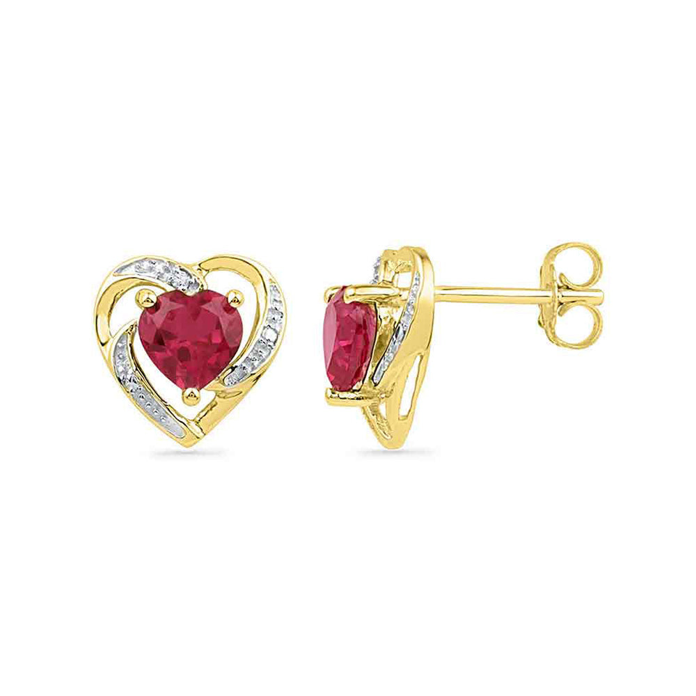 10K Yellow Gold Womens Round Synthetic Ruby Diamond Heart Earrings 3/8 Cttw, Length: 0.4 In, Width: 0.41 In