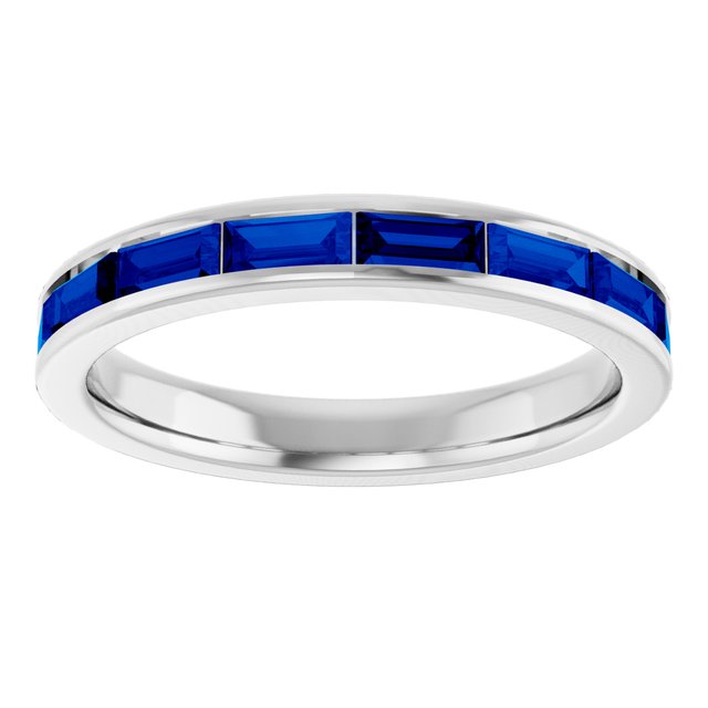 14K White Gold Straight Baguette 4 X 2 Mm Polished Natural Blue Sapphire Stackable Ring, Size 7