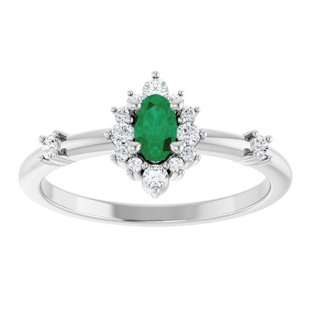 14K White Gold Oval 5 X 3 Mm Polished Natural Emerald And 1/6 Ctw Natural Diamond Halo-Style Ring Size 7