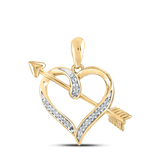 10K Yellow Gold Womens Round Diamond Heart Arrow Pendant 1/12 Cttw, Width: 0.79 In