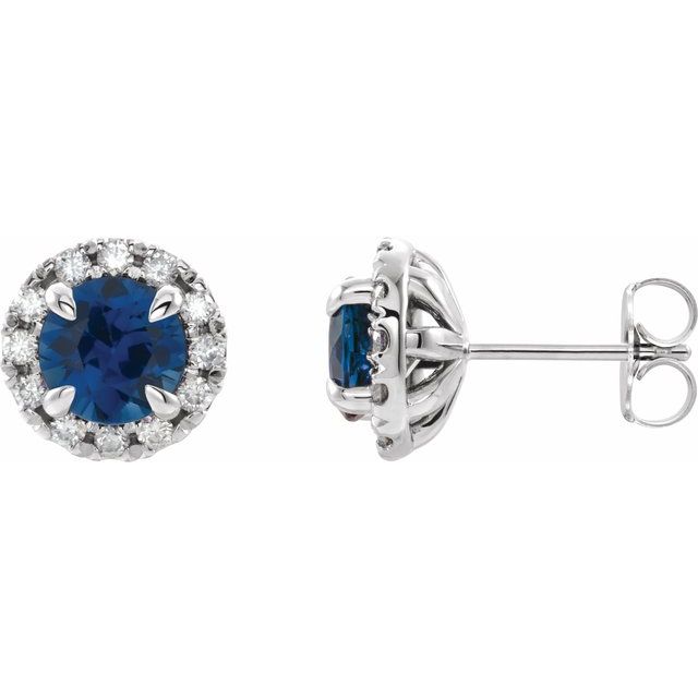 14K White Gold 4 Mm Round Friction Back Polished Natural Blue Sapphire And 1/5 Ctw Natural Diamond Earrings