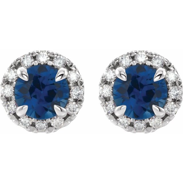 14K White Gold 4 Mm Round Friction Back Polished Natural Blue Sapphire And 1/5 Ctw Natural Diamond Earrings