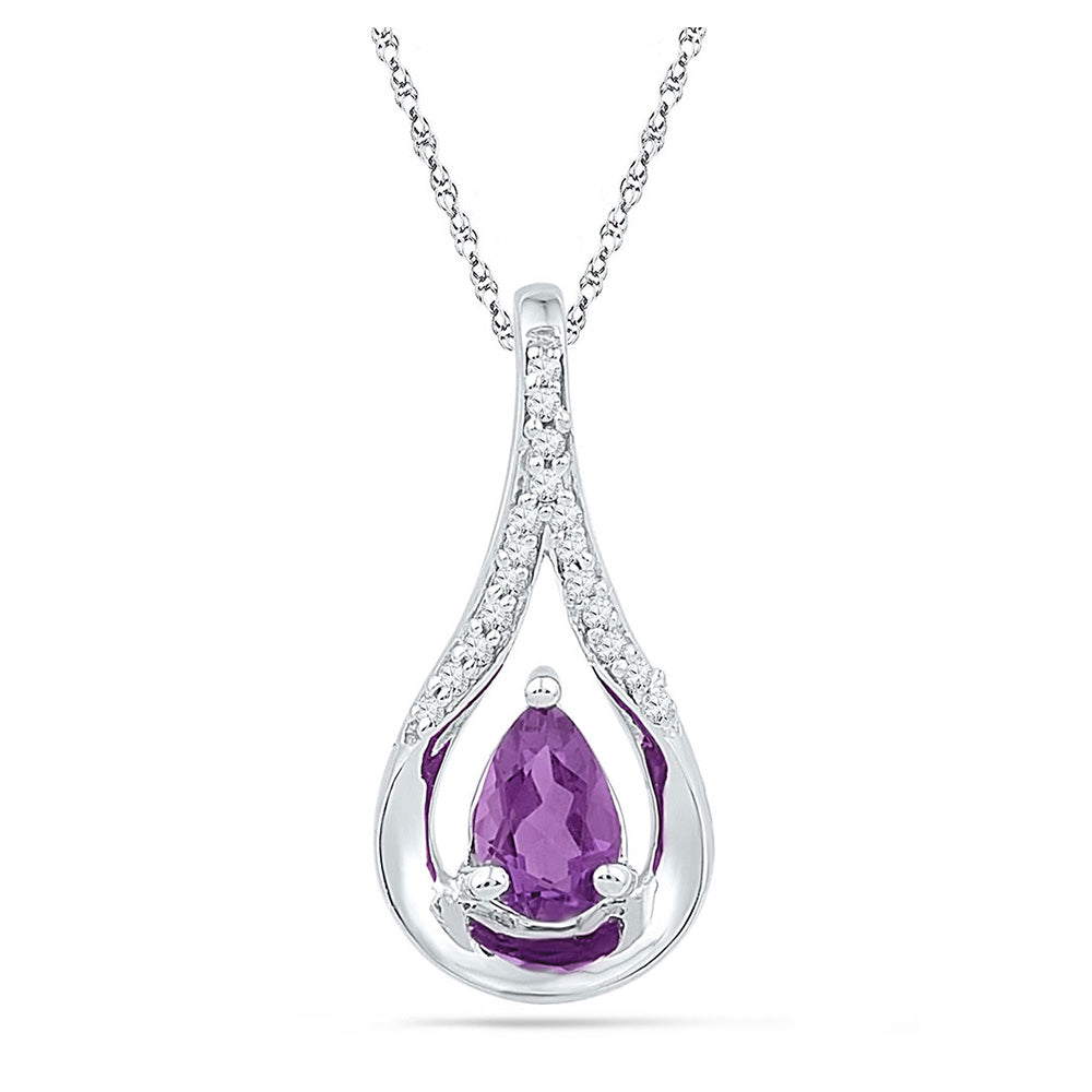 Sterling Silver Womens Pear Synthetic Amethyst Solitaire Diamond Teardrop Pendant 1/2 Cttw, Width: 0.35 In