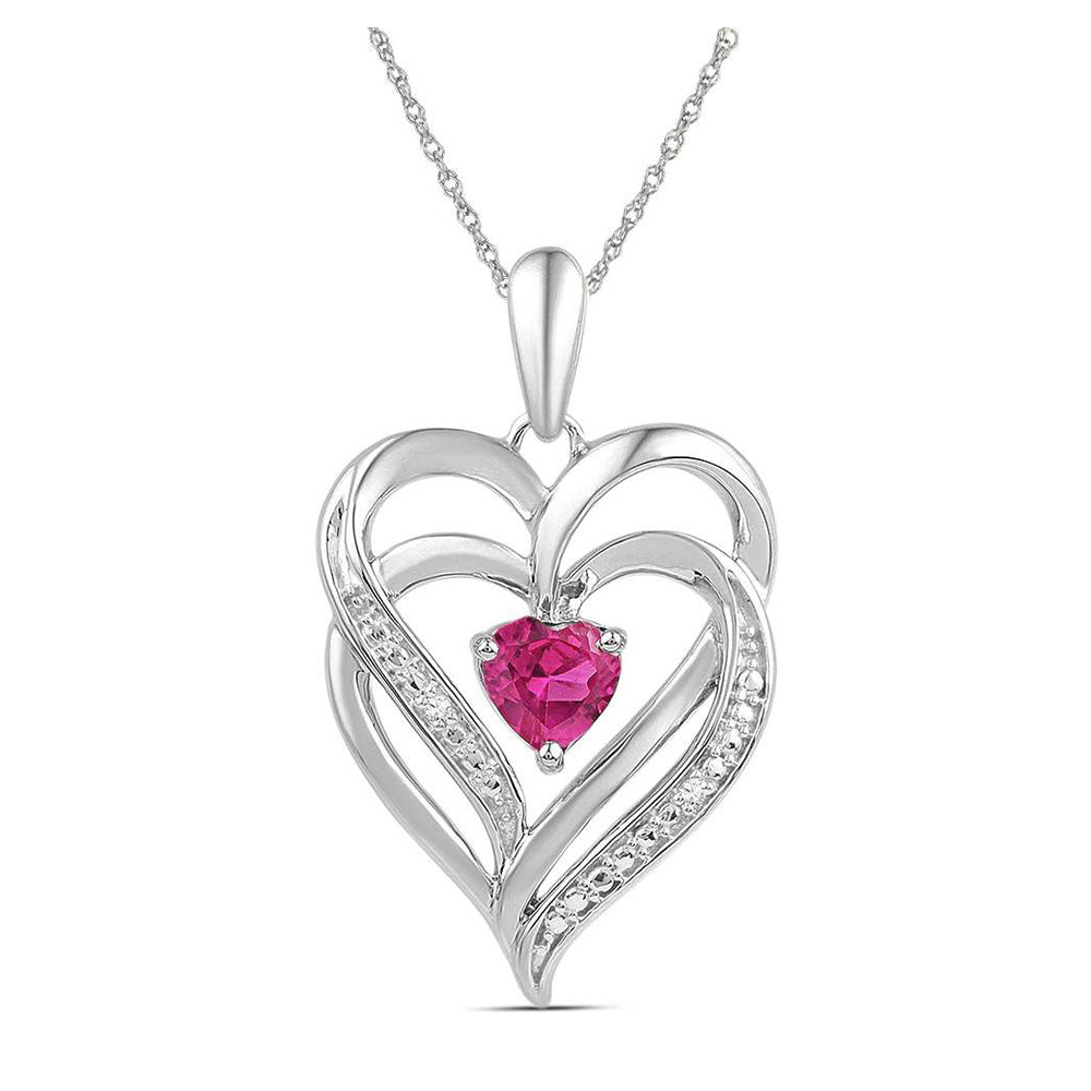 Sterling Silver Womens Round Synthetic Pink Sapphire Double Heart Pendant 3/4 Cttw, Width: 0.63 In