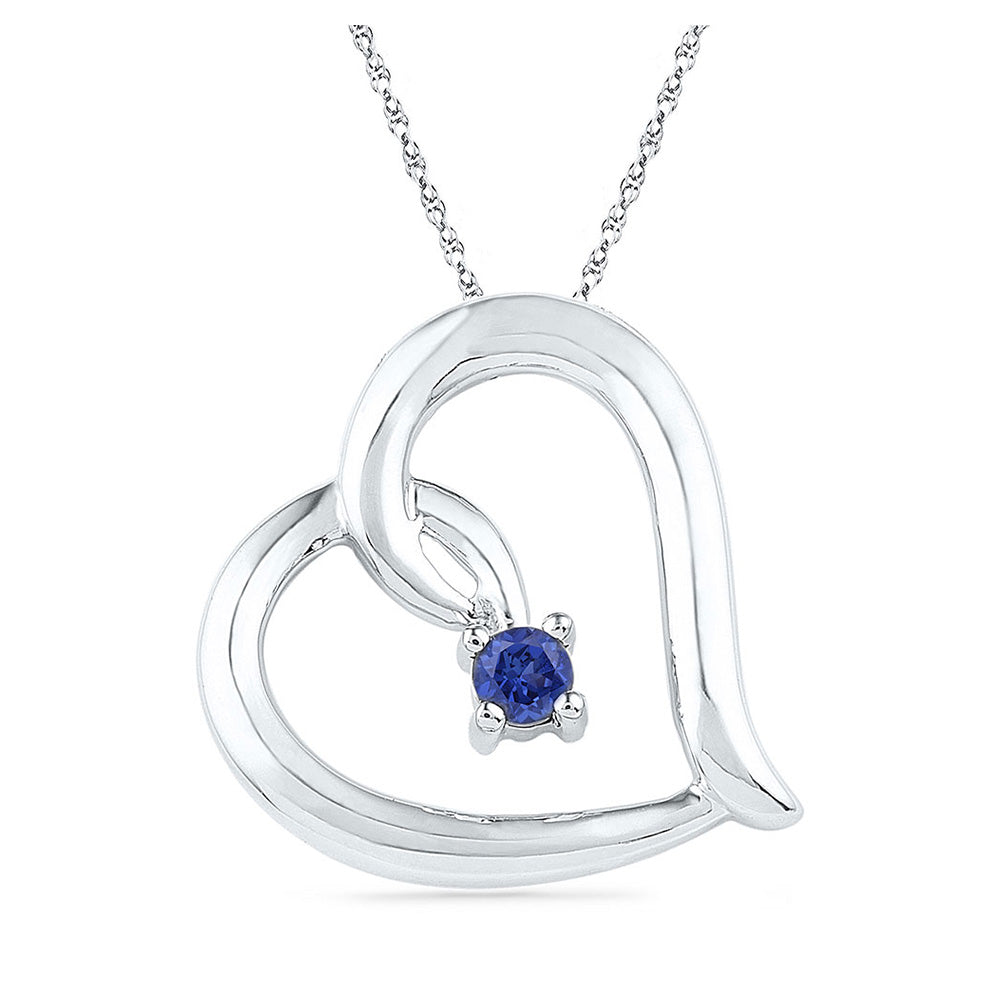 Sterling Silver Womens Round Synthetic Blue Sapphire Heart Pendant 1/8 Cttw, Width: 0.64 In