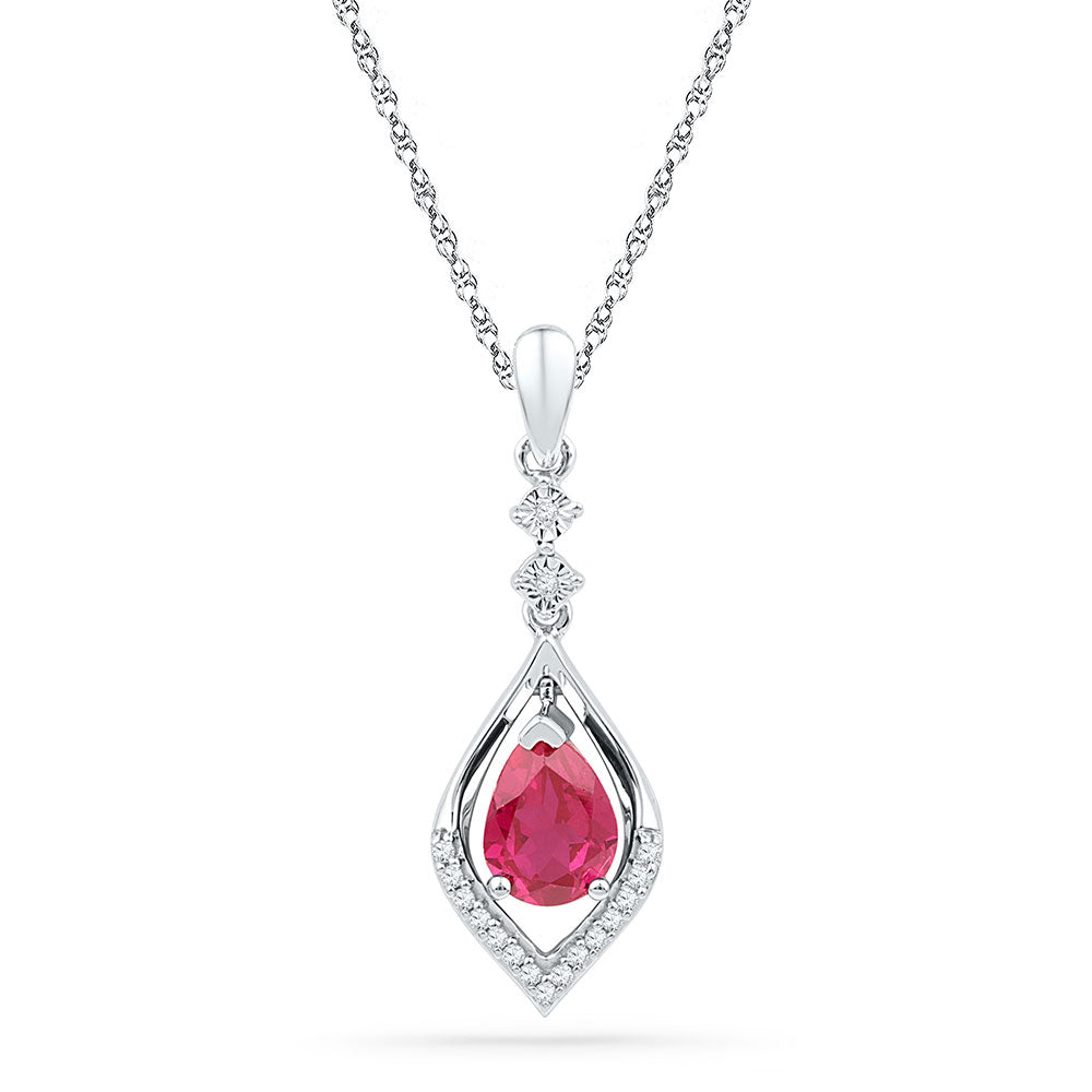 Sterling Silver Womens Oval Synthetic Ruby Diamond Solitaire Pendant 1 Cttw, Length: 0.96 In, Width: 0.38 In