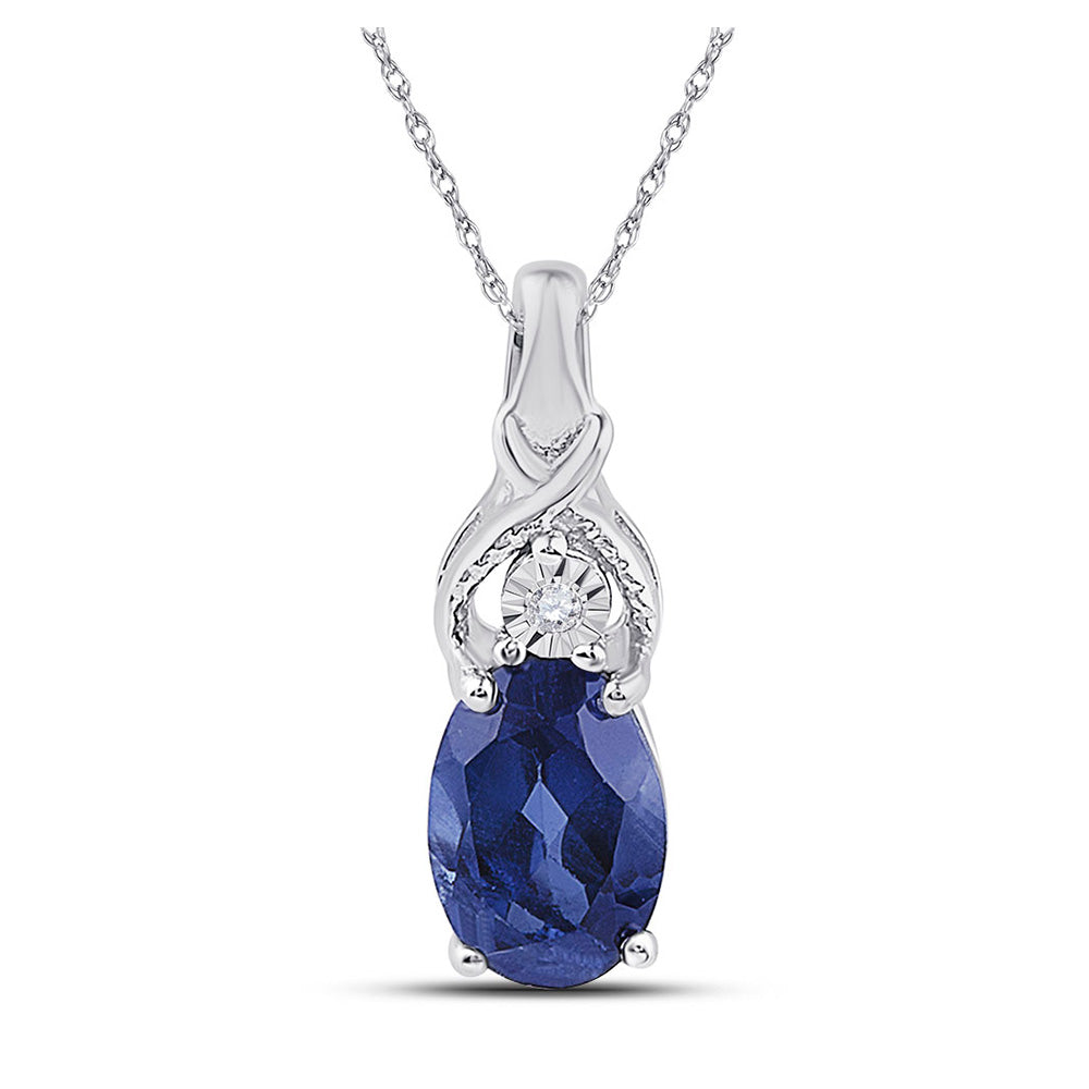 Sterling Silver Womens Oval Synthetic Blue Sapphire Solitaire Diamond Pendant 7/8 Cttw, Width: 0.17 In
