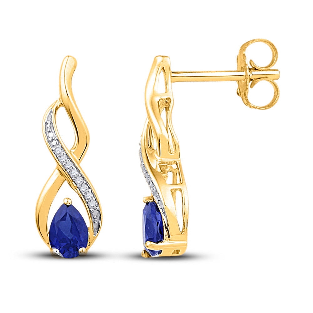 10K Yellow Gold Womens Pear Synthetic Blue Sapphire Diamond Earrings 1 Cttw, Length: 0.78 In, Width: 0.26 In
