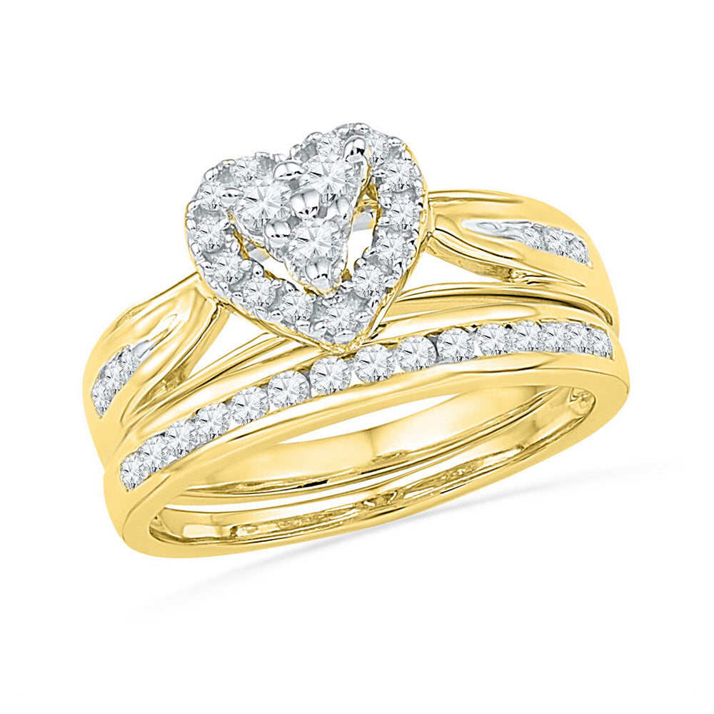 10K Yellow Gold Round Diamond Heart Bridal Wedding Ring Band Set 1/2 Cttw, Womens Size: 5-10