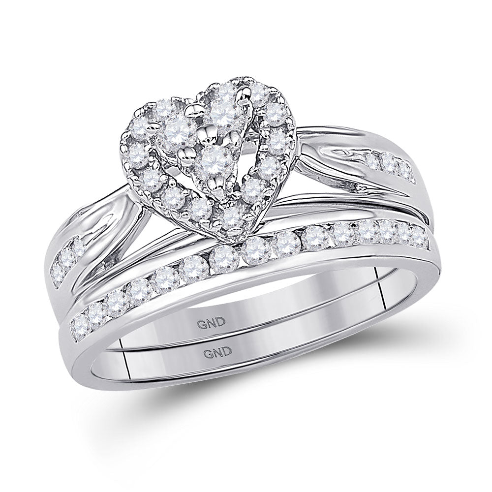 10K White Gold Round Diamond Heart Bridal Wedding Ring Band Set 1/2 Cttw, Womens Size: 5-10