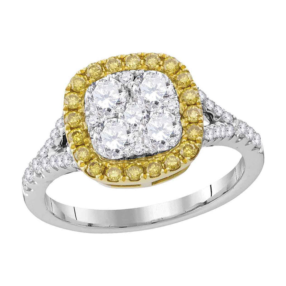18K White Gold Womens Round Yellow Diamond Square Cluster Ring 1-1/3 Cttw, Womens Size: 5-10