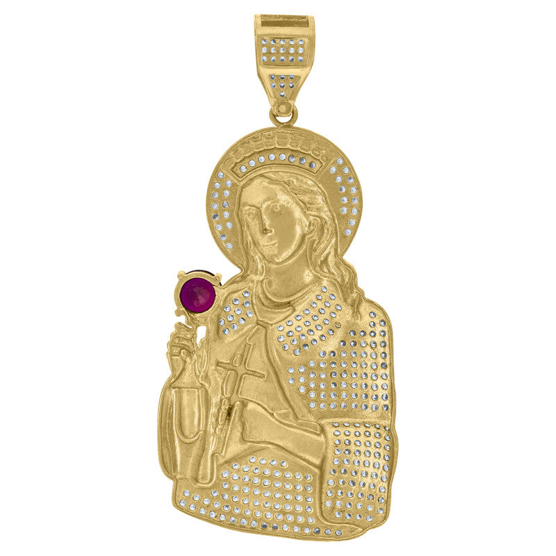 10kt Two-Tone Gold Unisex Red White Cubic-Zirconia Religious Saint Barbara Charm Pendant