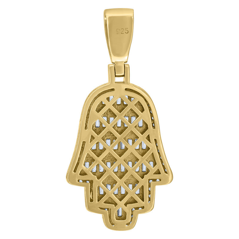 925 Sterling Silver Yellow-Tone Mens Baguette Round Cubic-Zirconia Humsa Symbol Religious Charm Pendant