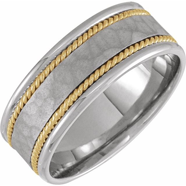 14K White/Yellow Polished 8 Mm Polished Rope Comfort-Fit Flat Band With Hammer Finish, Size 10