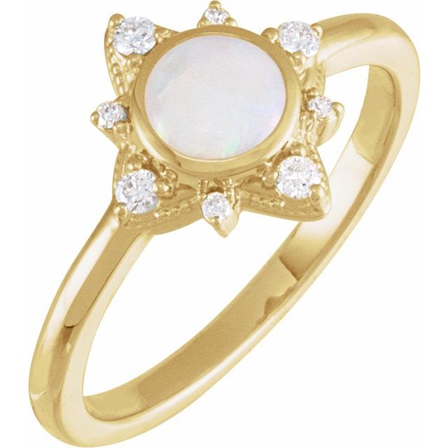 14K Rose Or Yellow Gold Round 5.5 Mm Polished Natural White Opal And 1/10 Ctw Natural Diamond Ring, Size 7