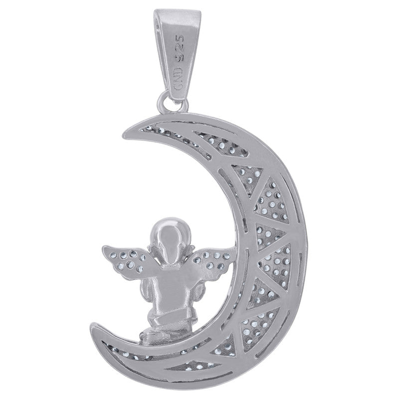 925 Sterling Silver Mens Cubic-Zirconia Angle Sitting On Half Moon Charm Pendant