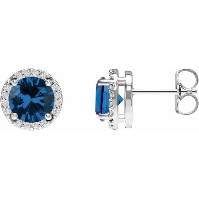 14K White Gold 5.2 Mm Round Friction Back Polished Lab-Grown Blue Sapphire And 1/10 Ctw Natural Diamond Halo-Style Basket Earrings