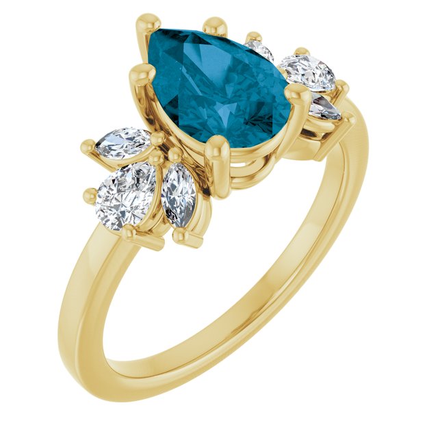 14K White Or Yellow Gold Pear 9 X 6 Mm Polished Natural London Blue Topaz And 1/2 Ctw Lab-Grown Diamond Ring, Size 7