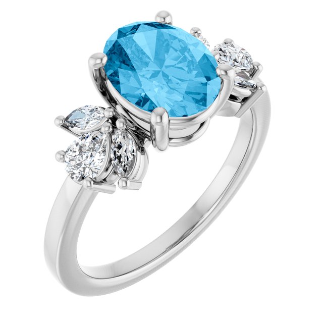 14K White Or Yellow Gold Oval 9 X 7 Mm Polished Natural Swiss Blue Topaz And 1/2 Ctw Lab-Grown Diamond Ring, Size 7