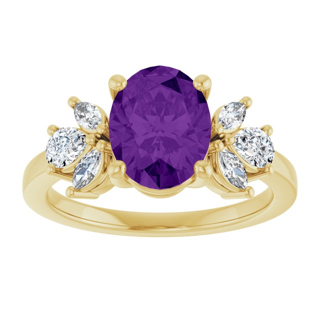 14K Yellow Gold Oval 9 X 7 Mm Polished Natural Amethyst And 1/2 Ctw Lab-Grown Diamond Ring, Size 7