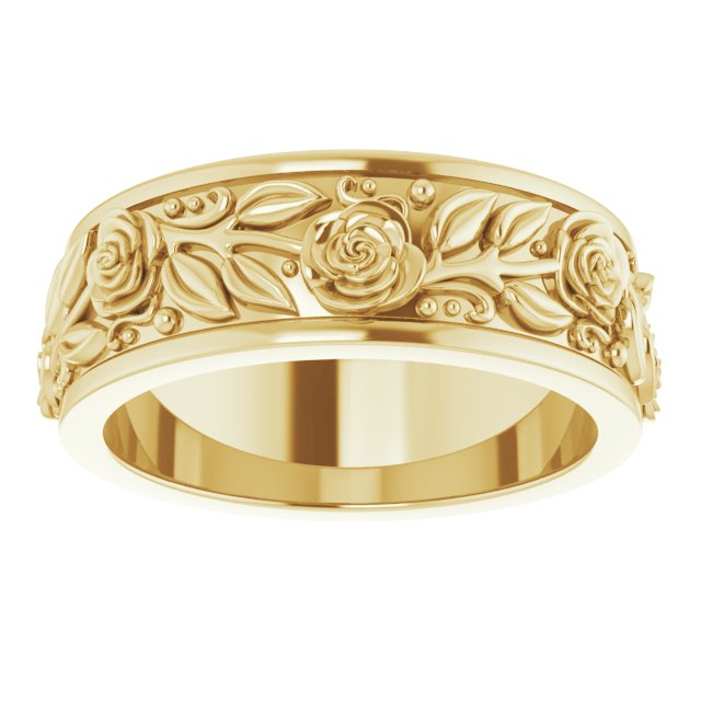 14K Yellow Gold 7 Mm Polished Floral Standard-Fit Flat Band, Size 7