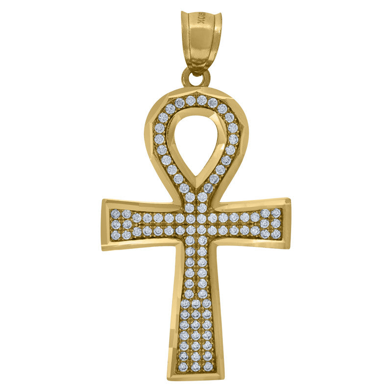 10kt Yellow Gold Unisex Cubic-Zirconia Ankh Cross Religious Charm Pendant