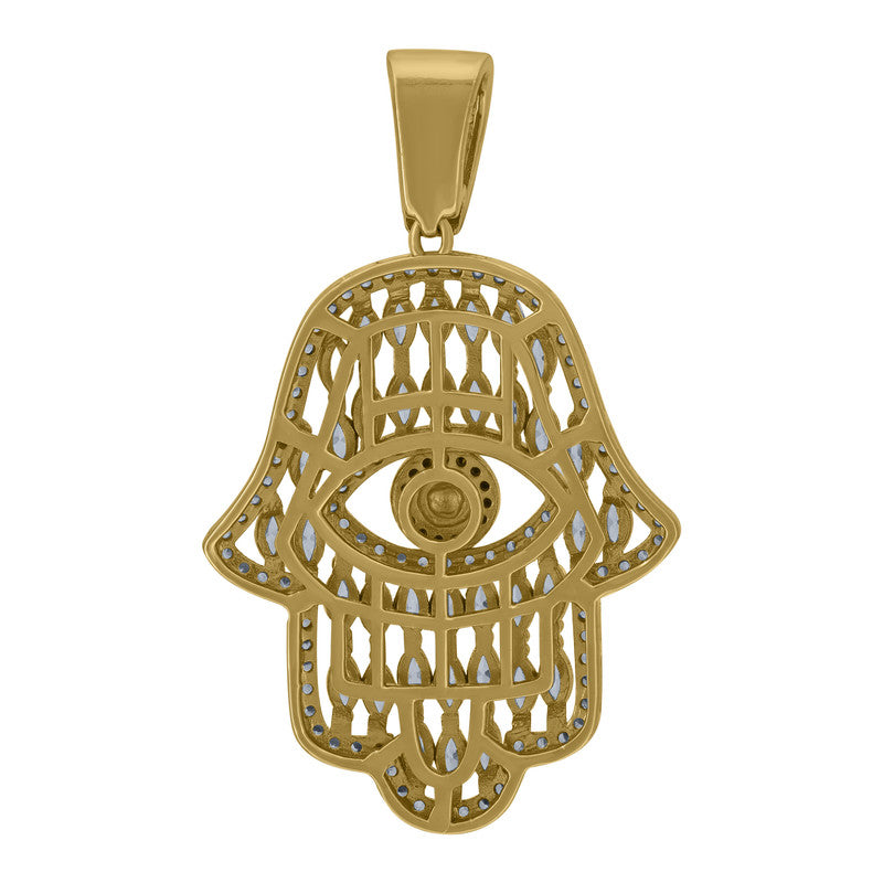 925 Sterling Silver Mens Blue Round & Marquise Cubic-Zirconia Humsa Symbol Religious Charm Pendant