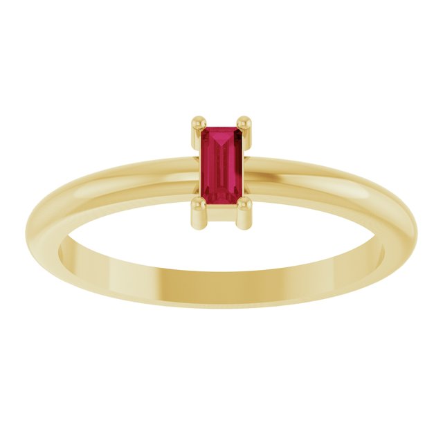 14K Yellow Gold Straight Baguette 4 X 2 Mm Polished Natural Ruby Stackable Ring, Size 7