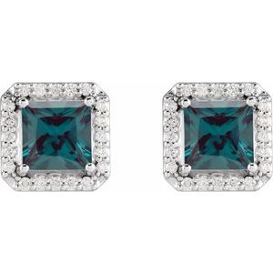14K White Gold Square 4 X 4Mm I1, G-H Lab-Grown Alexandrite And .08 Ctw Natural Diamond 4-Prong Friction Back Halo-Style Basket Earrings