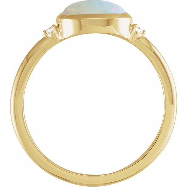 14K Yellow Gold Oval 10 X 8 Mm Polished Natural Ethiopian Opal And .03 Ctw Natural Diamond Bezel-Set Cabochon Ring, Size 7