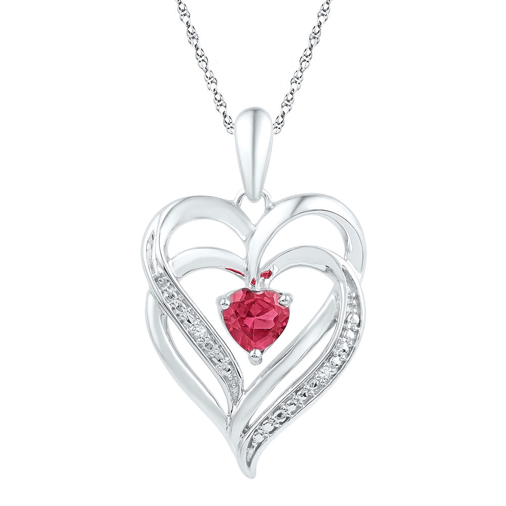 Sterling Silver Womens Round Synthetic Ruby & Diamond Heart Pendant .01 Cttw, Width: 0.63 In