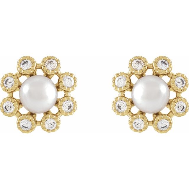 14K Yellow Gold 4Mm I1, H+ Friction Polished Cultured White Freshwater Pearl And 1/8 Ctw Diamond Earrings With Backs