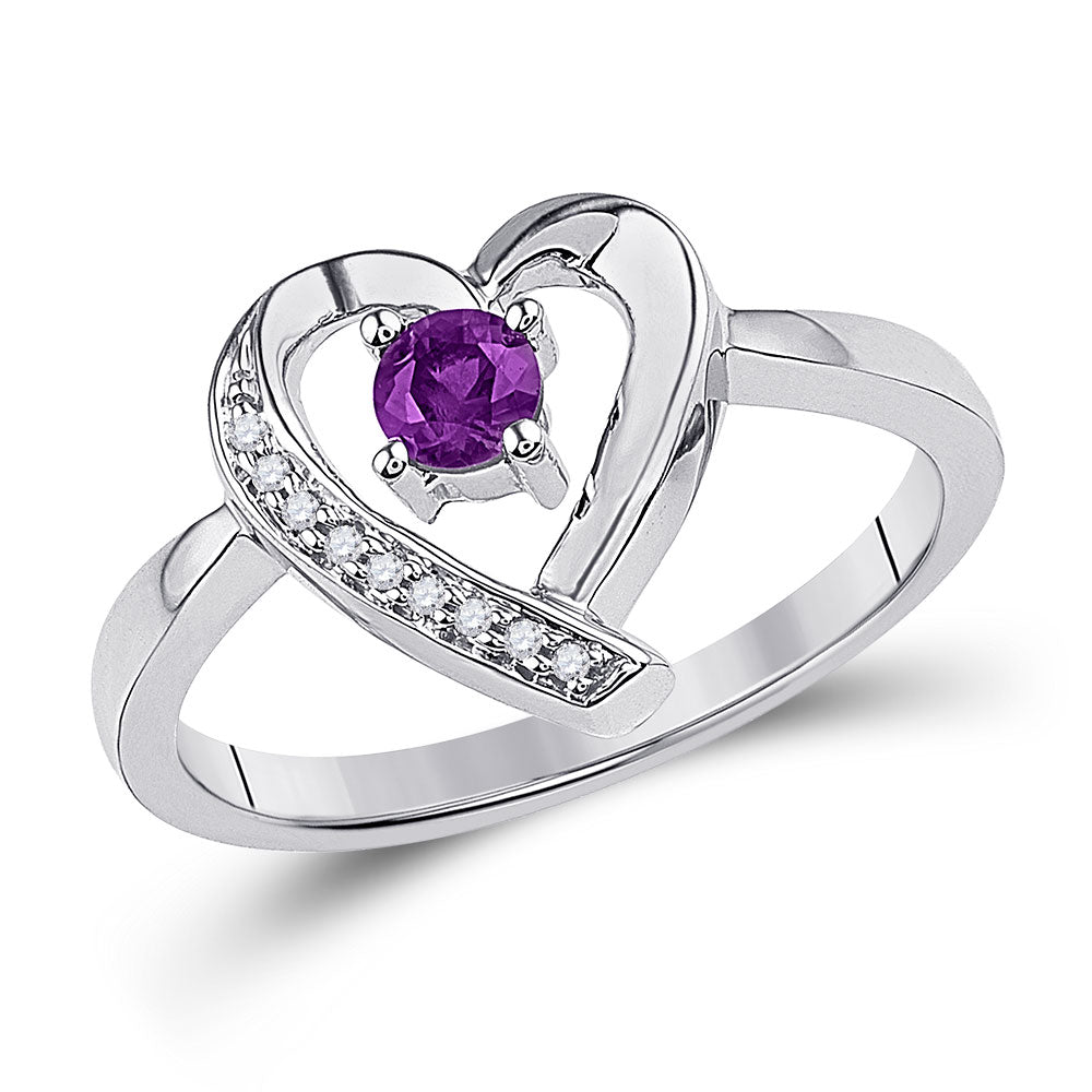 Sterling Silver Womens Round Synthetic Amethyst Diamond Heart Ring 1/4 Cttw, Womens Size: 5-10