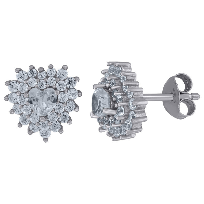 925 Sterling Silver Womens Cubic Zirconia Heart Stud Earrings