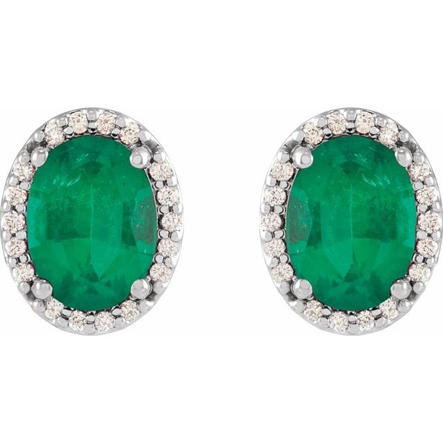 14K White Gold Oval 6 X 4 Mm Friction Backs Polished Lab-Grown Emerald And .06 Ctw Natural Diamond Halo-Style Basket Earrings