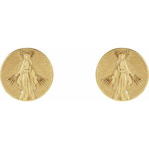 14K Yellow Gold 8 X 8 Mm Pair Friction Backs Included Polished Tiny Miraculous Medal Stud Earrings