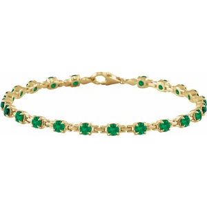 14K Yellow Gold Round 3.5 Mm Lab-Grown Emerald Line Bracelet, Length: 7.25 In