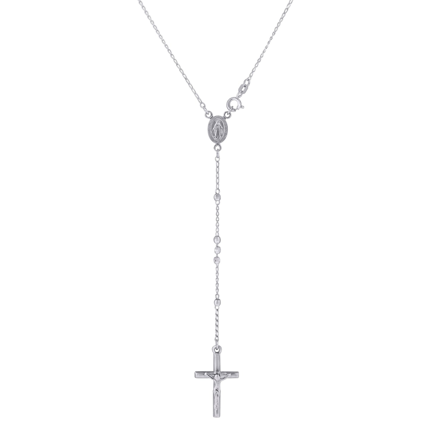 Sterling Silver Or Yellow Tone Or Rhodium Plated Unisex Diamond-Cut Rosary Necklace