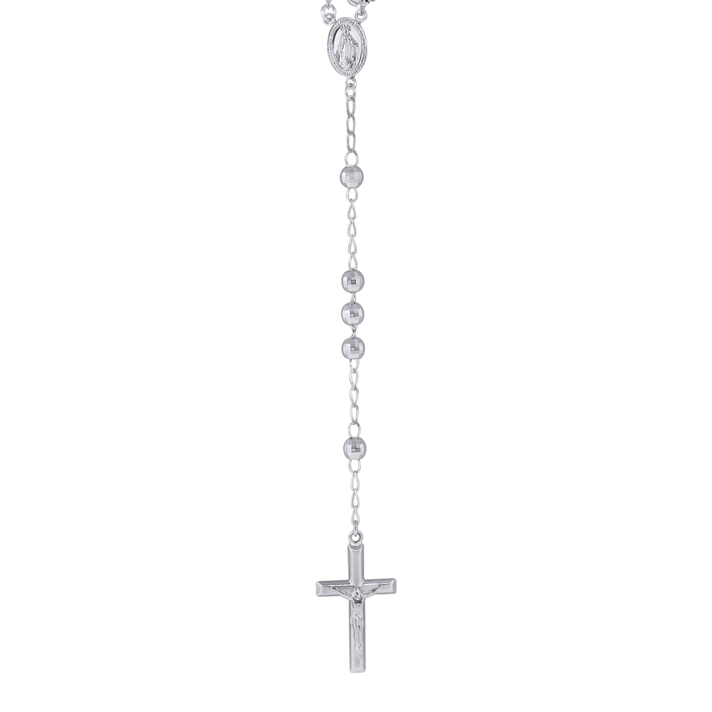 Sterling Silver Or Yellow Tone Or Rhodium Plated Unisex Diamond-Cut Rosary Necklace