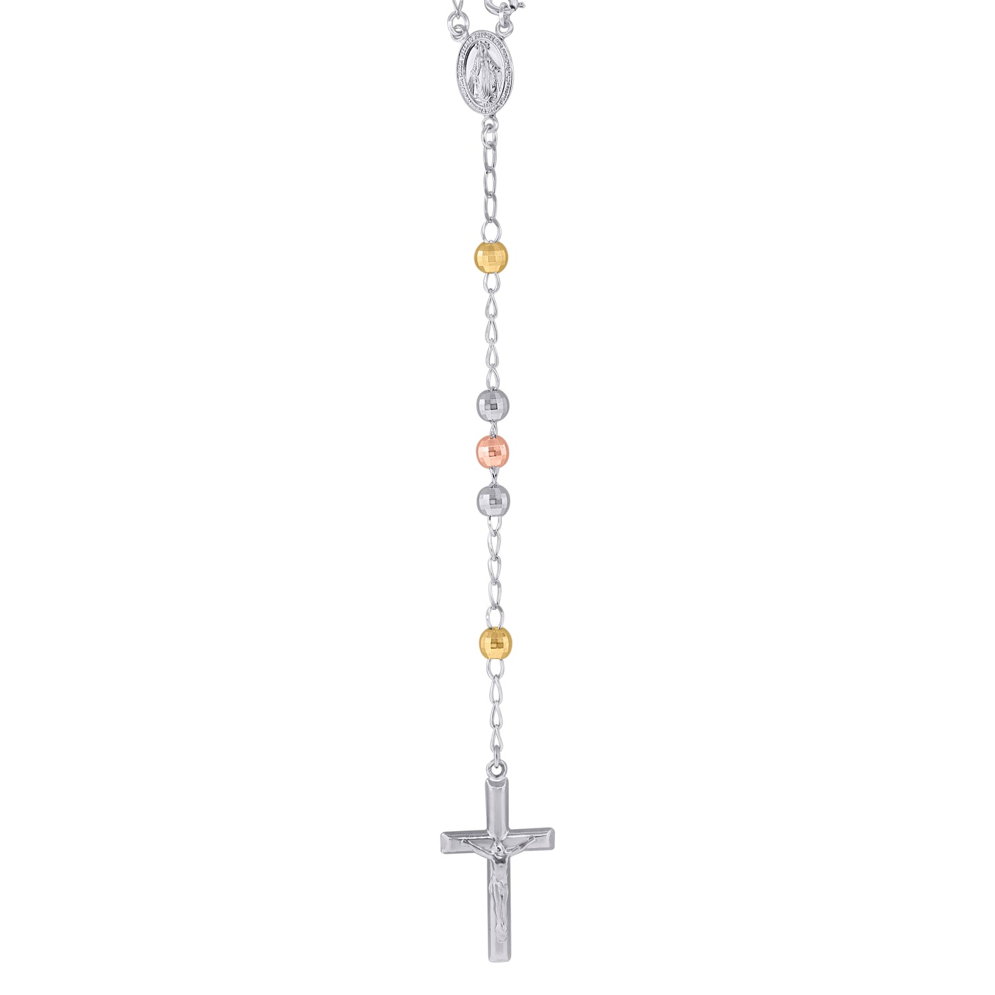 Sterling Silver Or Yellow Tone Or Rhodium Plated Unisex Diamond-Cut Rosary Necklace